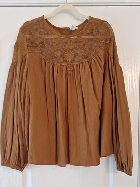 a.n.a Crochet Yoke Long-Sleeve Blouse in Caramel Brown
